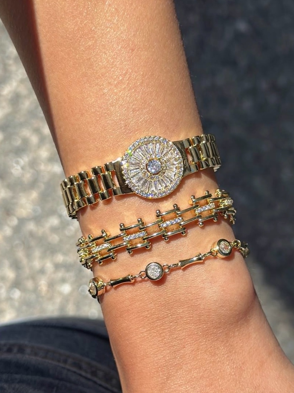 14K Gold Plated Rhodium Zircon Baguette Watch Style Adjustable Bracelet - Picture 4 of 4